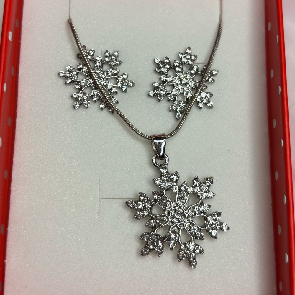 Elegant Silver Tone Snowflake Jewelry Set with box